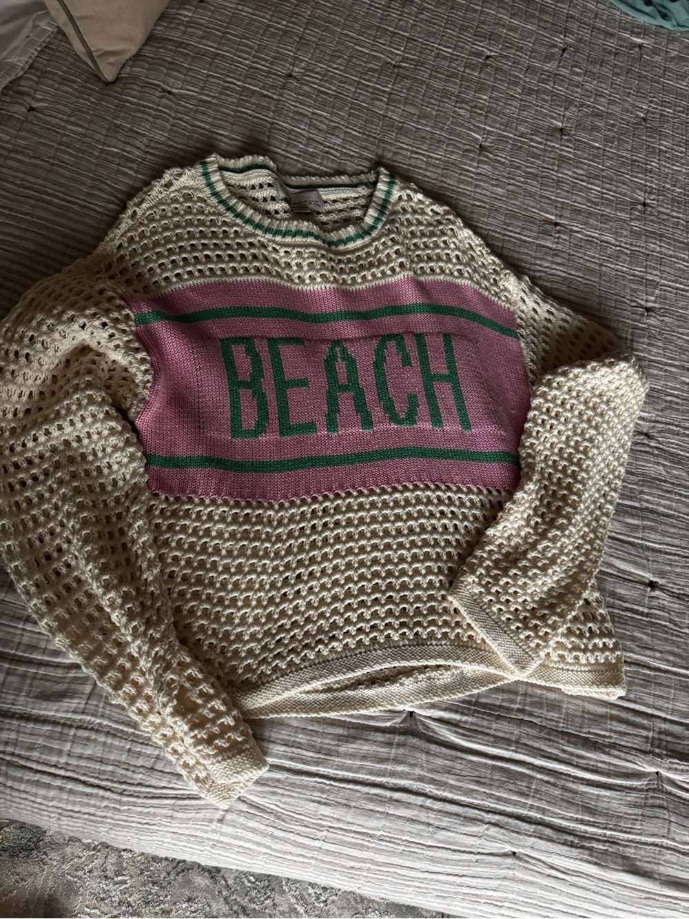 Vintage Havana Cream Open-Knit Sweater with Pink Panel & Green 'BEACH' Lettering
